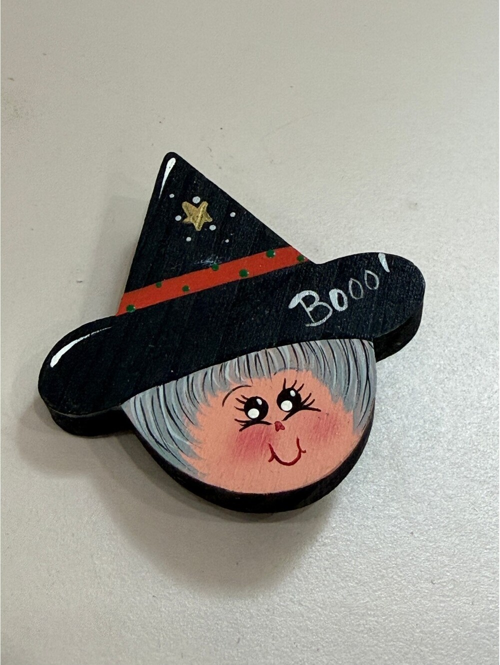 Hand Painted Wooden Witch Brooch Pin with 'Booo!' Text Halloween